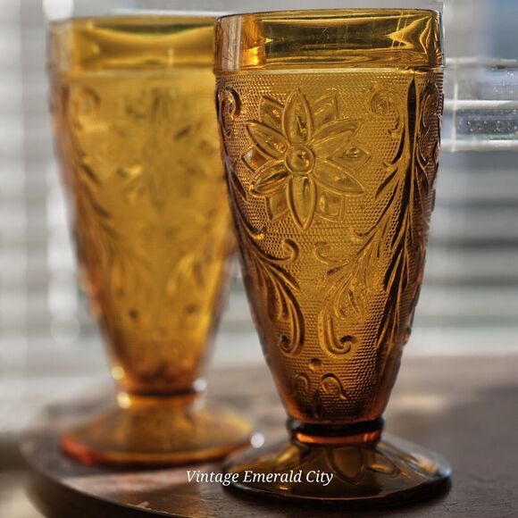 Vtg Indiana Sandwich Tiara Honey Amber Water Juice Glass Goblet Set Of 2 READ - Picture 3 of 14